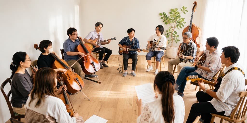 アドリブ味見の会の様子。円になって楽器を演奏する参加者たち